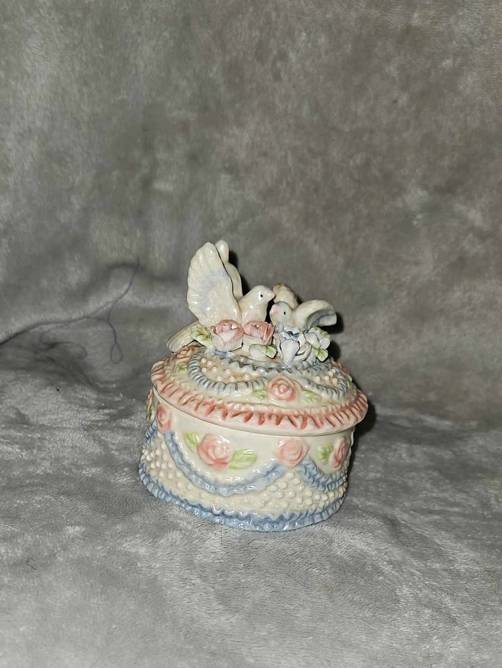 Ceramic Pastel Bird Trinket Box - White, Pink, Blue